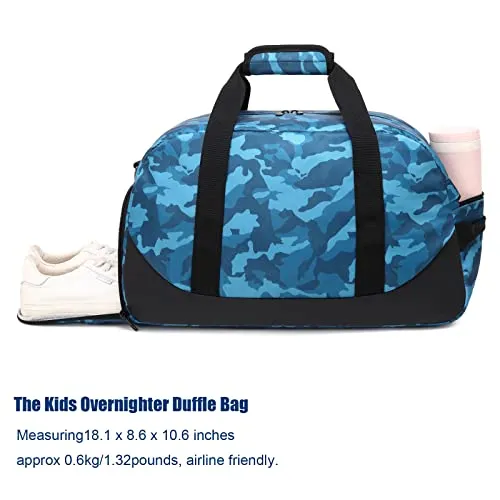 Kids Overnight Duffel Bag with Shoe Compartment, Blue Camo