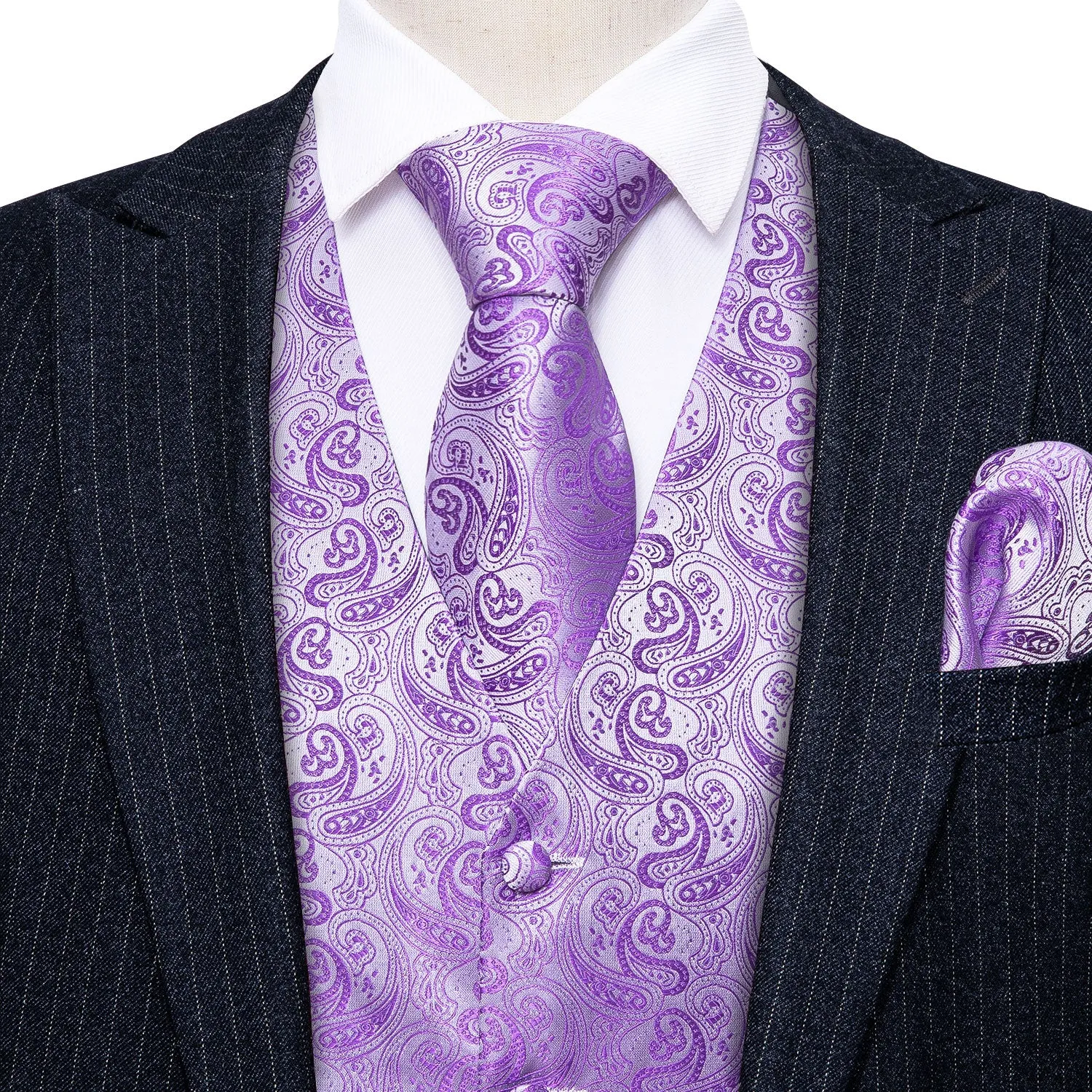 Lavender Purple Paisley Jacquard Silk Men's Vest Hanky Cufflinks Tie Set