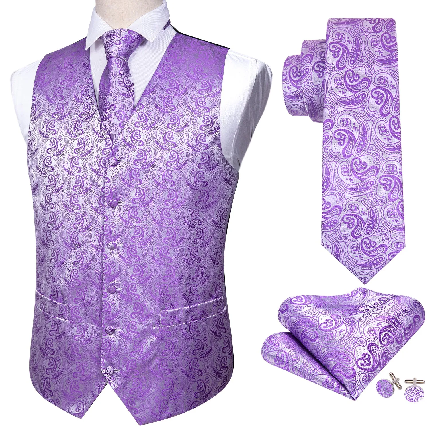 Lavender Purple Paisley Jacquard Silk Men's Vest Hanky Cufflinks Tie Set