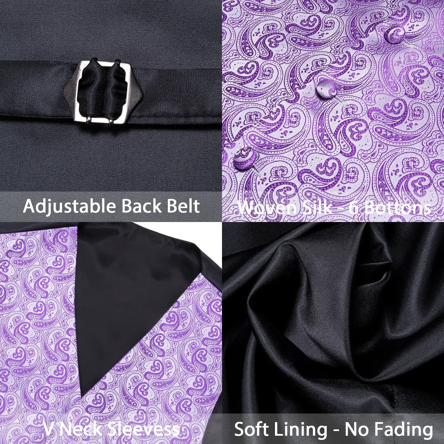 Lavender Purple Paisley Jacquard Silk Men's Vest Hanky Cufflinks Tie Set