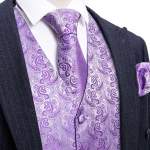 Lavender Purple Paisley Jacquard Silk Men's Vest Hanky Cufflinks Tie Set