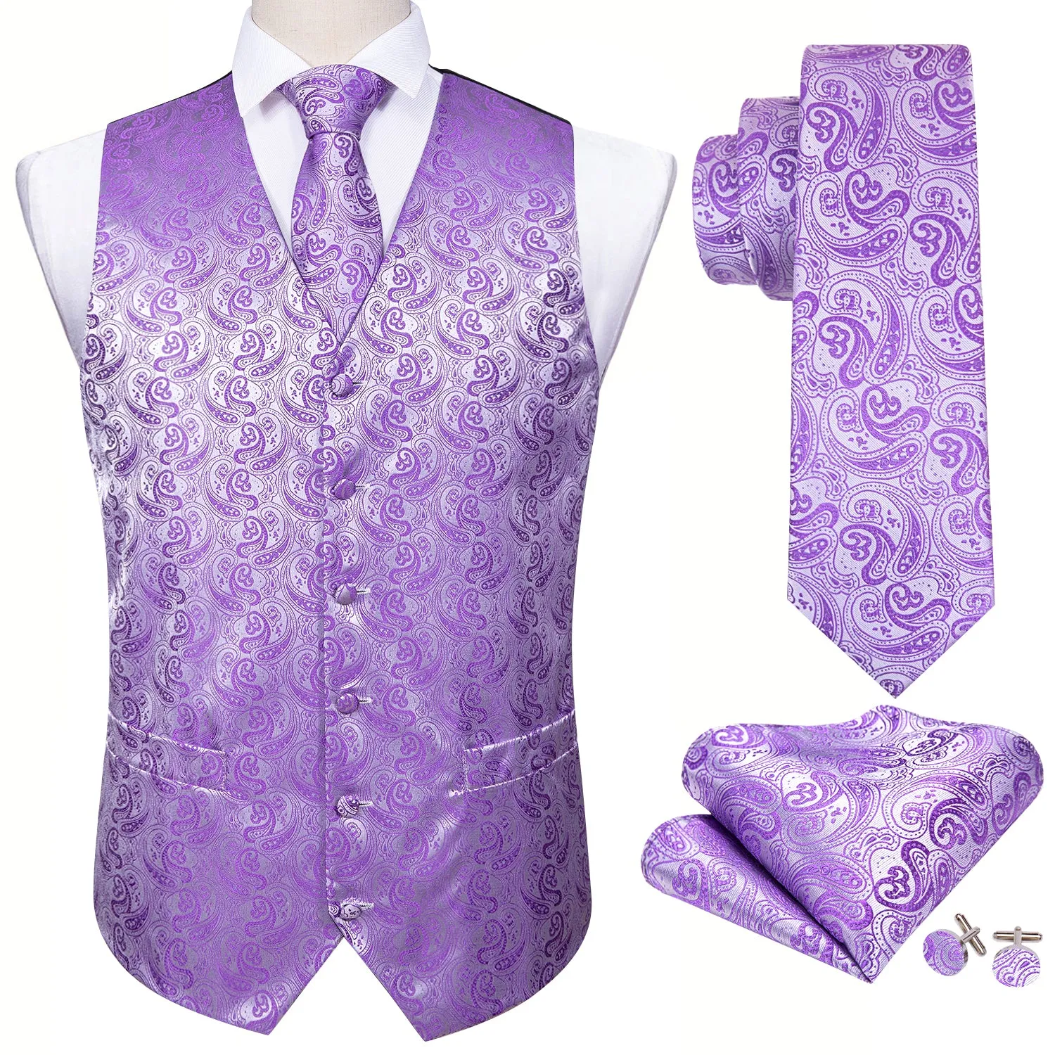 Lavender Purple Paisley Jacquard Silk Men's Vest Hanky Cufflinks Tie Set