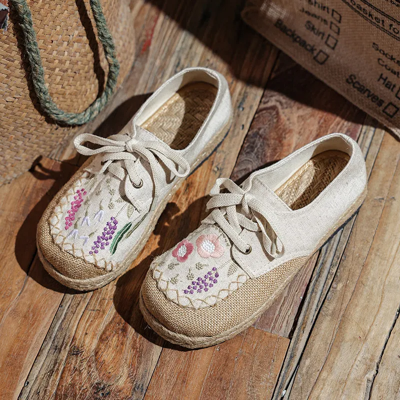 Leisure Lace Up Front Buckle Round Head Women's Embroidered Shoes, Low Cut Flat Heel Cotton Linen Cloth Shoes, Spring and Summer Single Shoe