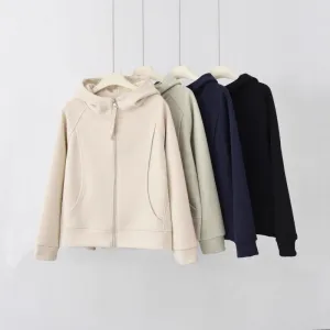 METAVERSMALL Autumn and winter new zipper cardigan solid color temperament sweater thickened warm sports long sleeve splicing hooded top women