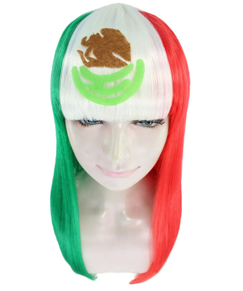 Mexico Flag Sport Party Long Bob Wig | National Pride | Premium Breathable Capless Cap