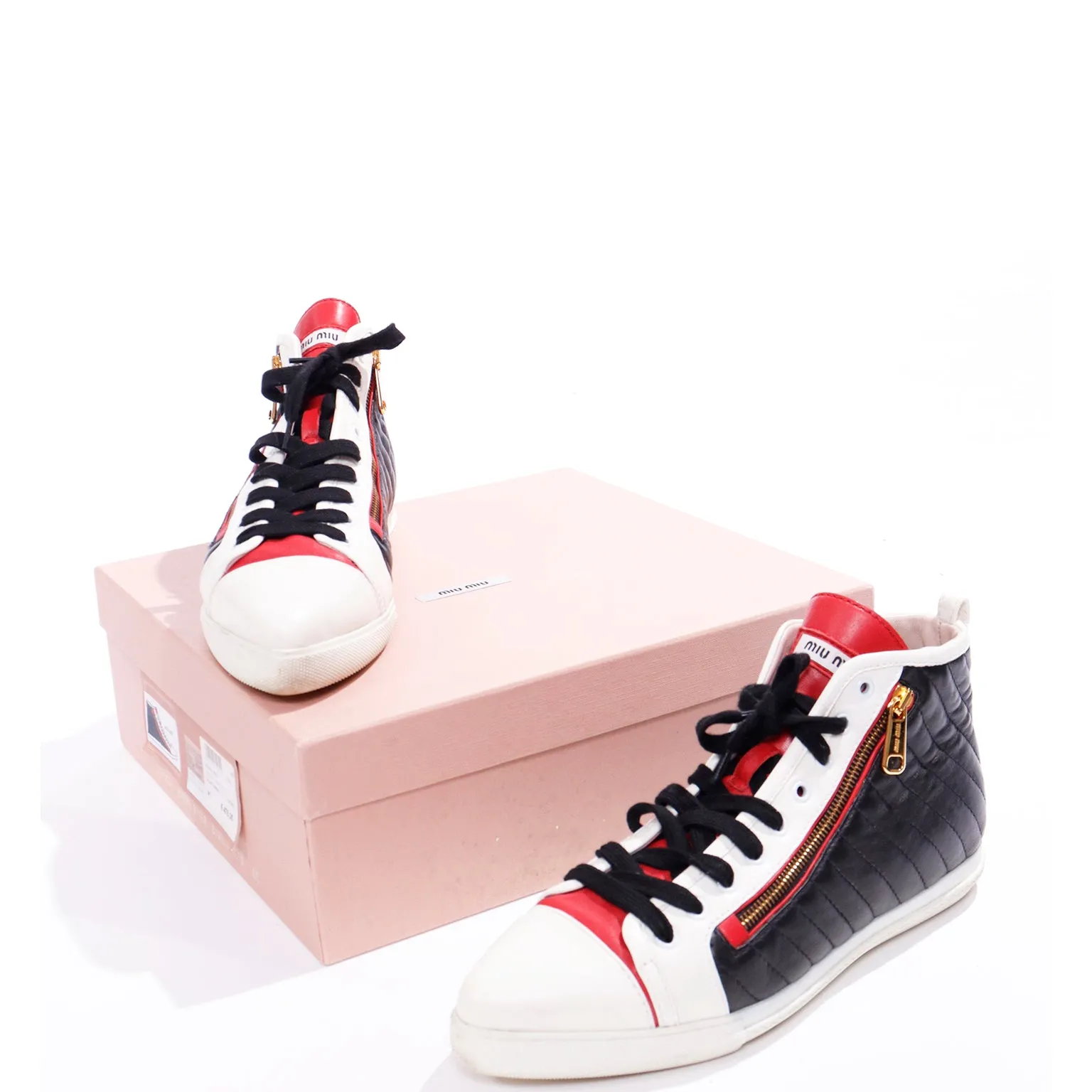 Miu Miu Red White & Black Pointed Toe High Top Nappa Biker Sneakers