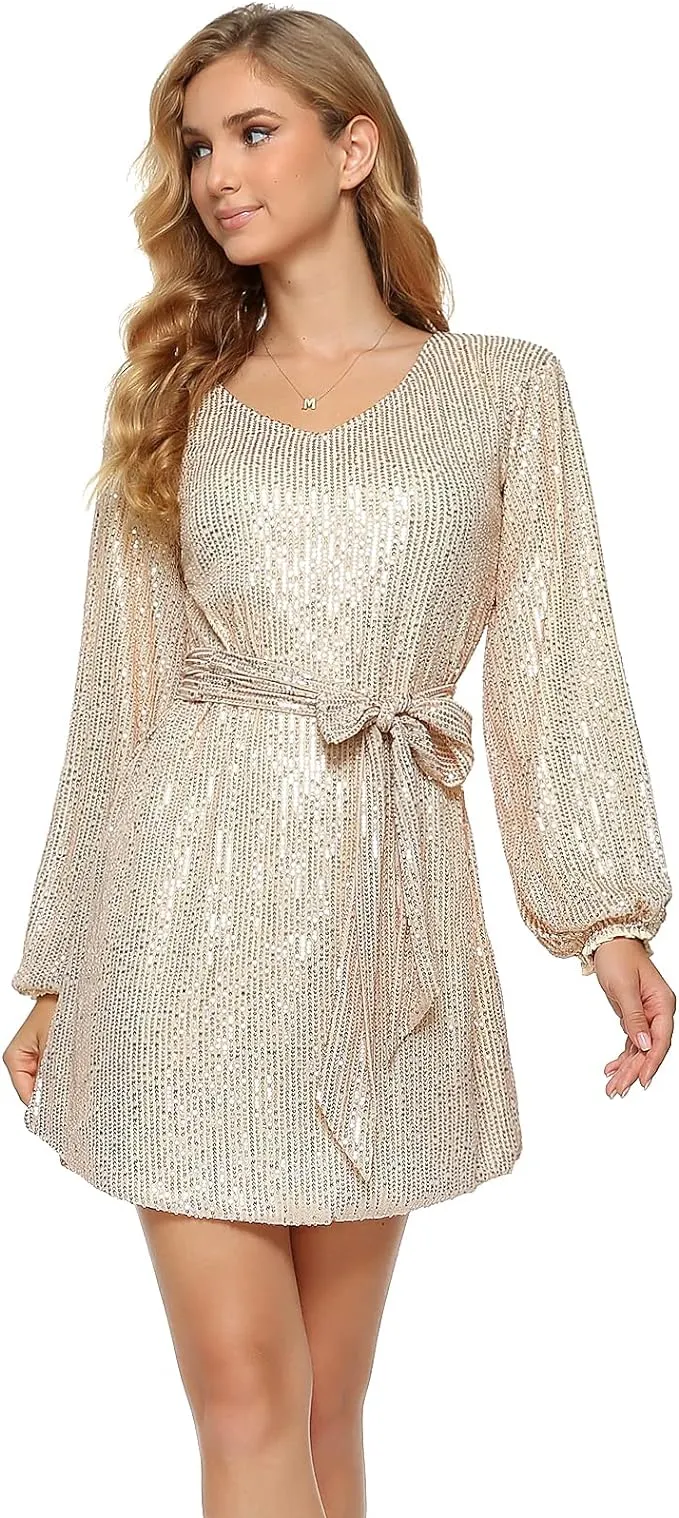 New Yutuwomsfushi Women's Sequin Long Sleeve V Neck Dress, great for all seasons, Sz S! Retails $55 