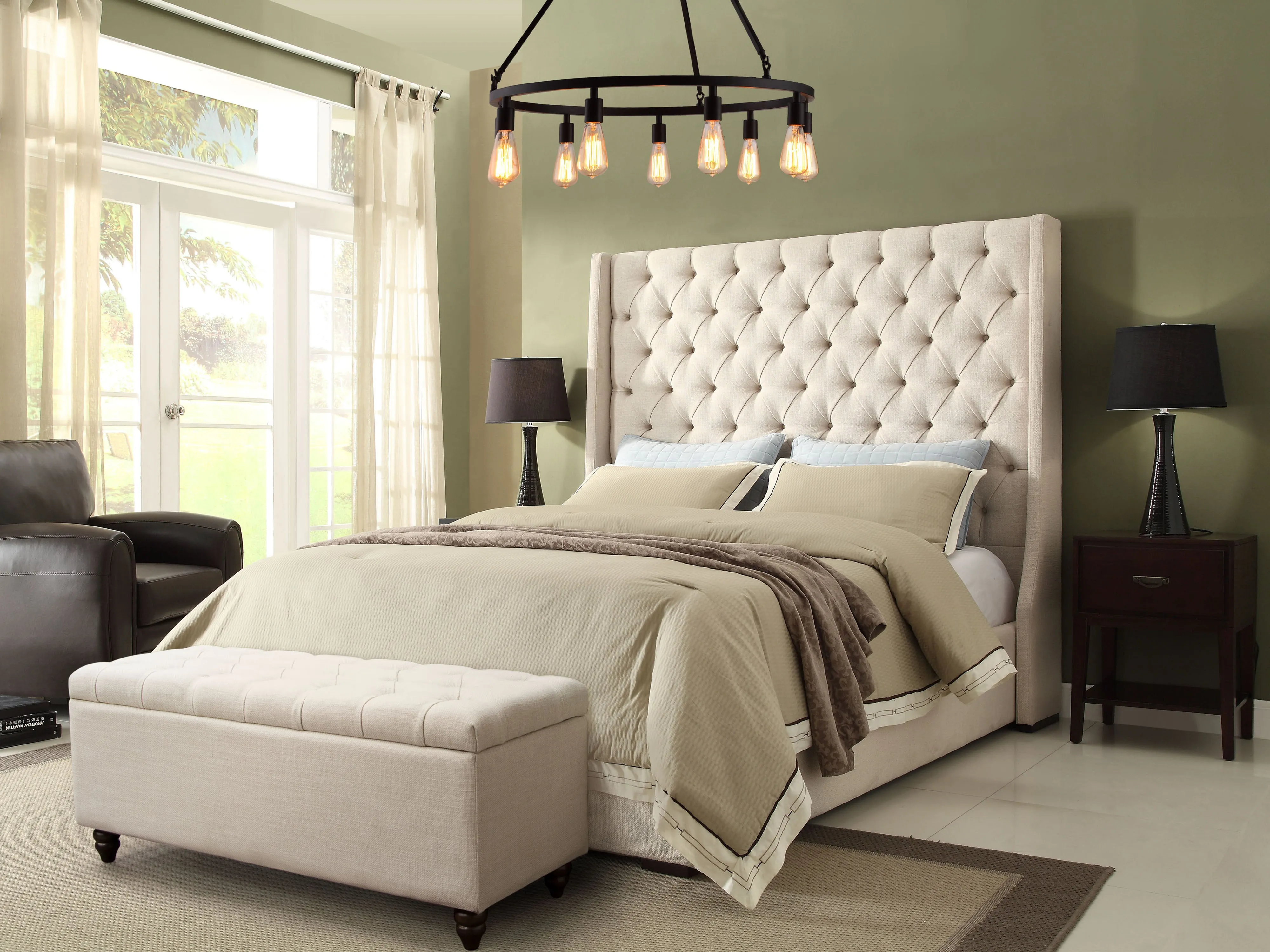 Park Avenue Queen Tufted Bed with Vintage Wing in Desert Sand Linen by Diamond Sofa