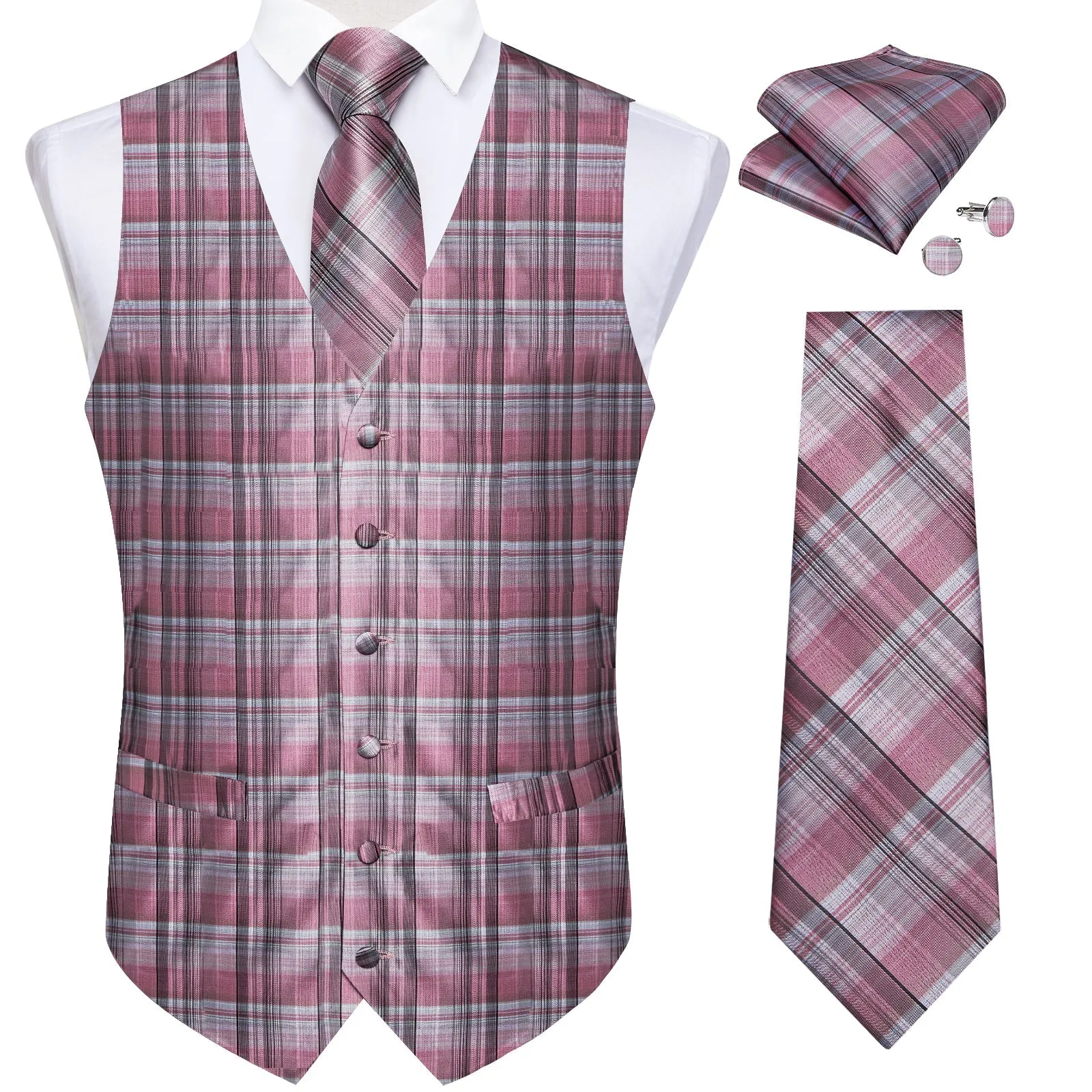 Pink Black Plaid Silk Men's Vest Hanky Cufflinks Tie Set