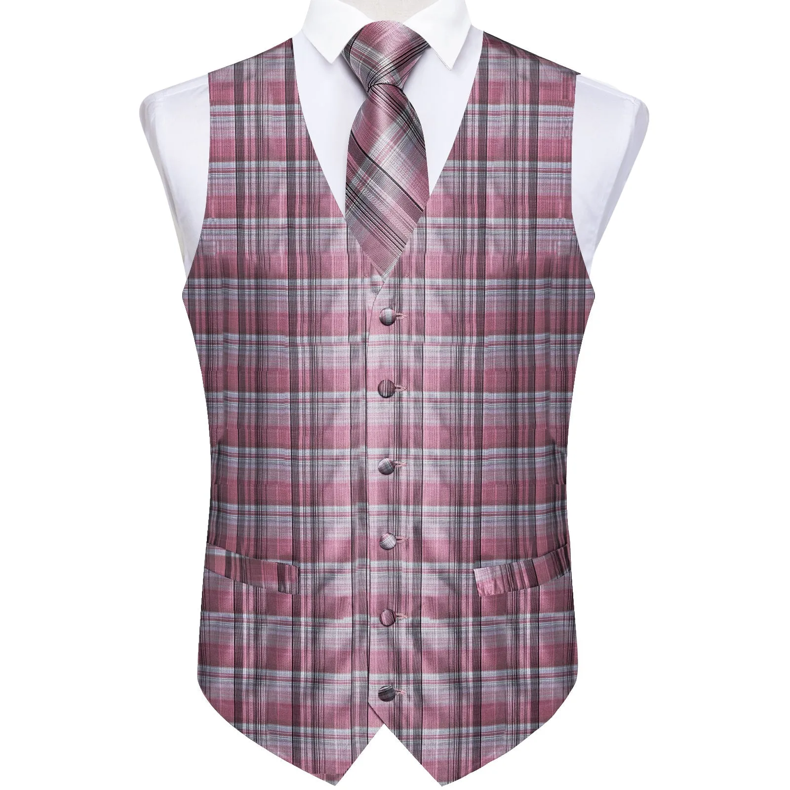 Pink Black Plaid Silk Men's Vest Hanky Cufflinks Tie Set