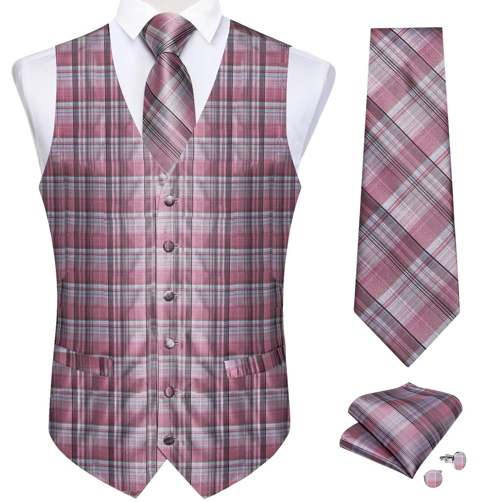 Pink Black Plaid Silk Men's Vest Hanky Cufflinks Tie Set