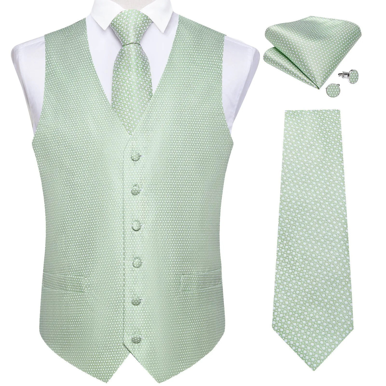 Pistachio Green Vest for Men Polka Dots Men's Vest Tie Set