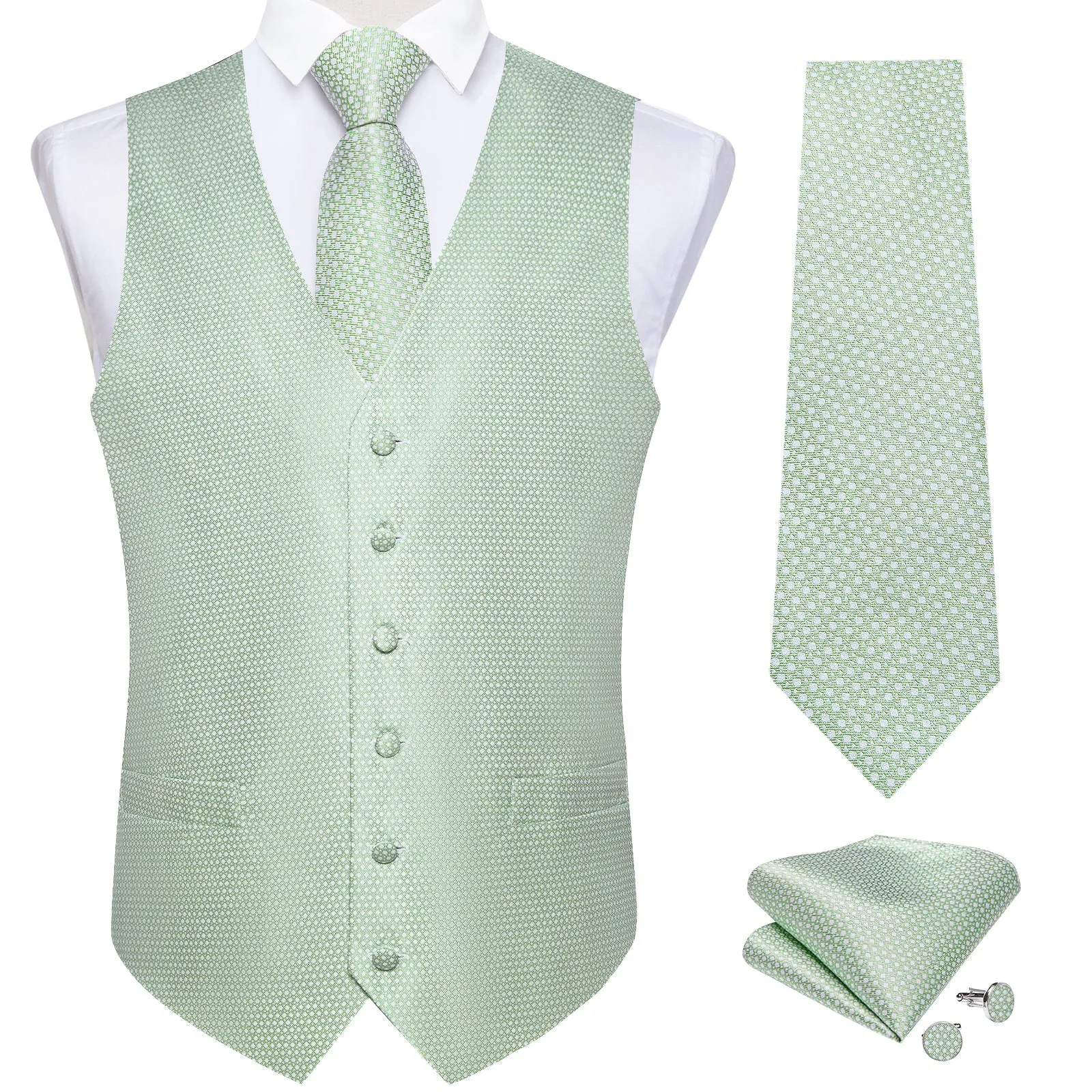 Pistachio Green Vest for Men Polka Dots Men's Vest Tie Set