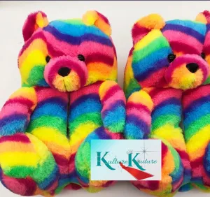 Rainbow Teddy Bear Slippers One Size 6-10.5