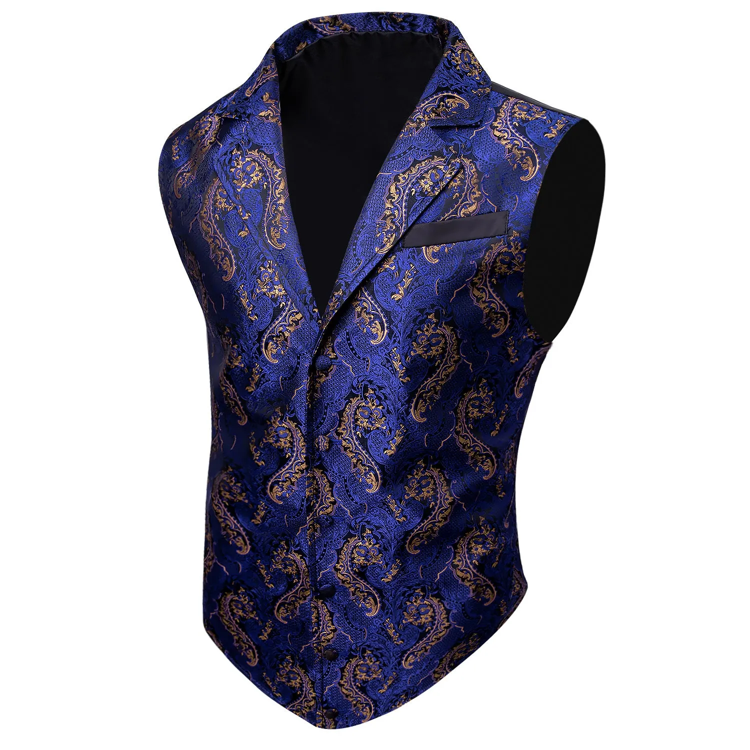 Royal Blue Paisley Jacquard Men's Collar Victorian Suit Vest Tie Hanky Cufflinks Set