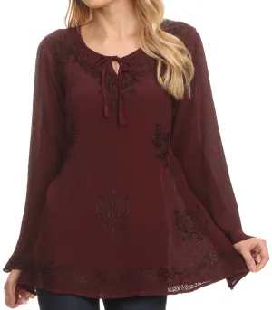 Sakkas Seena Long Sleeved Eyelet Adjustable Straps Embroidered Blouse Shirt Top