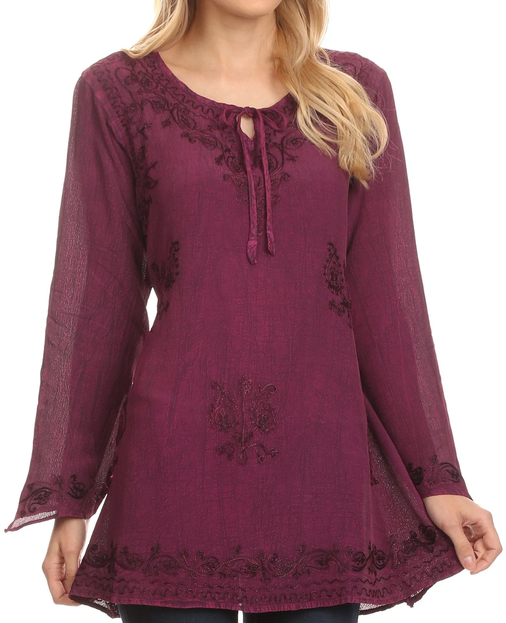 Sakkas Seena Long Sleeved Eyelet Adjustable Straps Embroidered Blouse Shirt Top