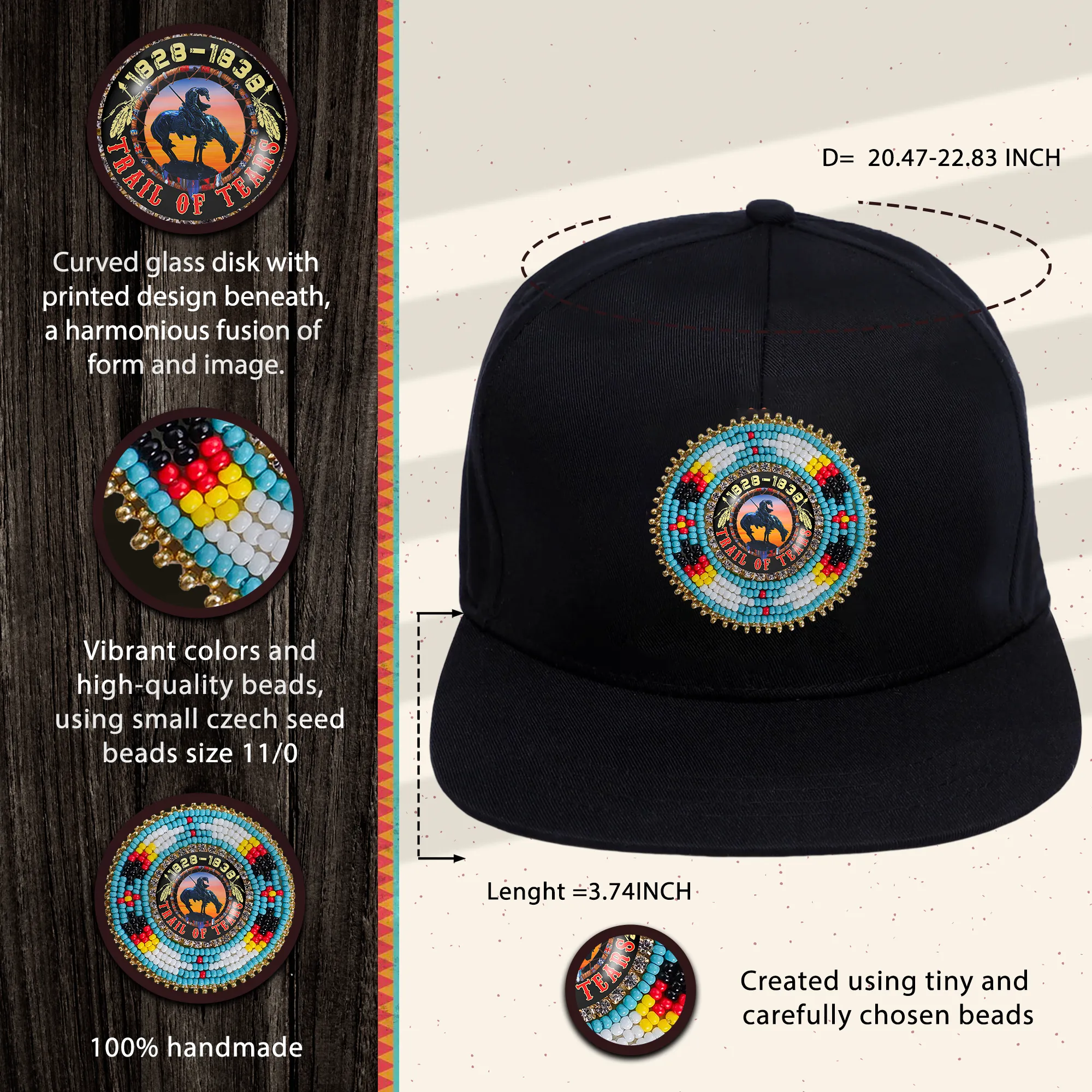 SALE 50% OFF - Trail of Tears Beaded Snapback With Patch Cotton Cap Unisex Native American Style