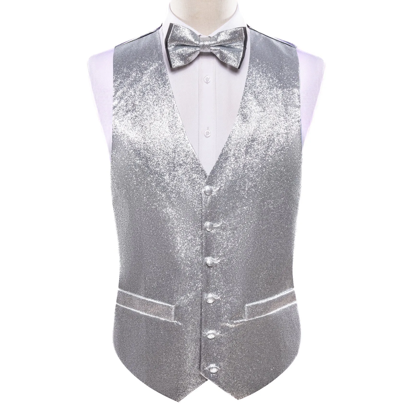 Shining Light Grey Glitter Solid Jacquard Silk Men's Vest Bow Tie Handkerchief Cufflinks Set Waistcoat Suit Set