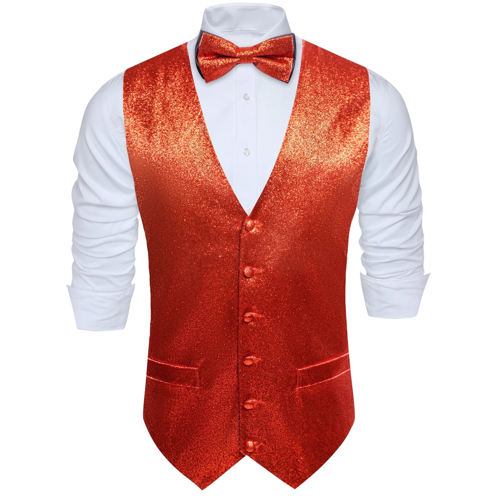 Shining Red Glitter Solid Jacquard Silk Men's Vest Bow Tie Set Waistcoat Suit Set