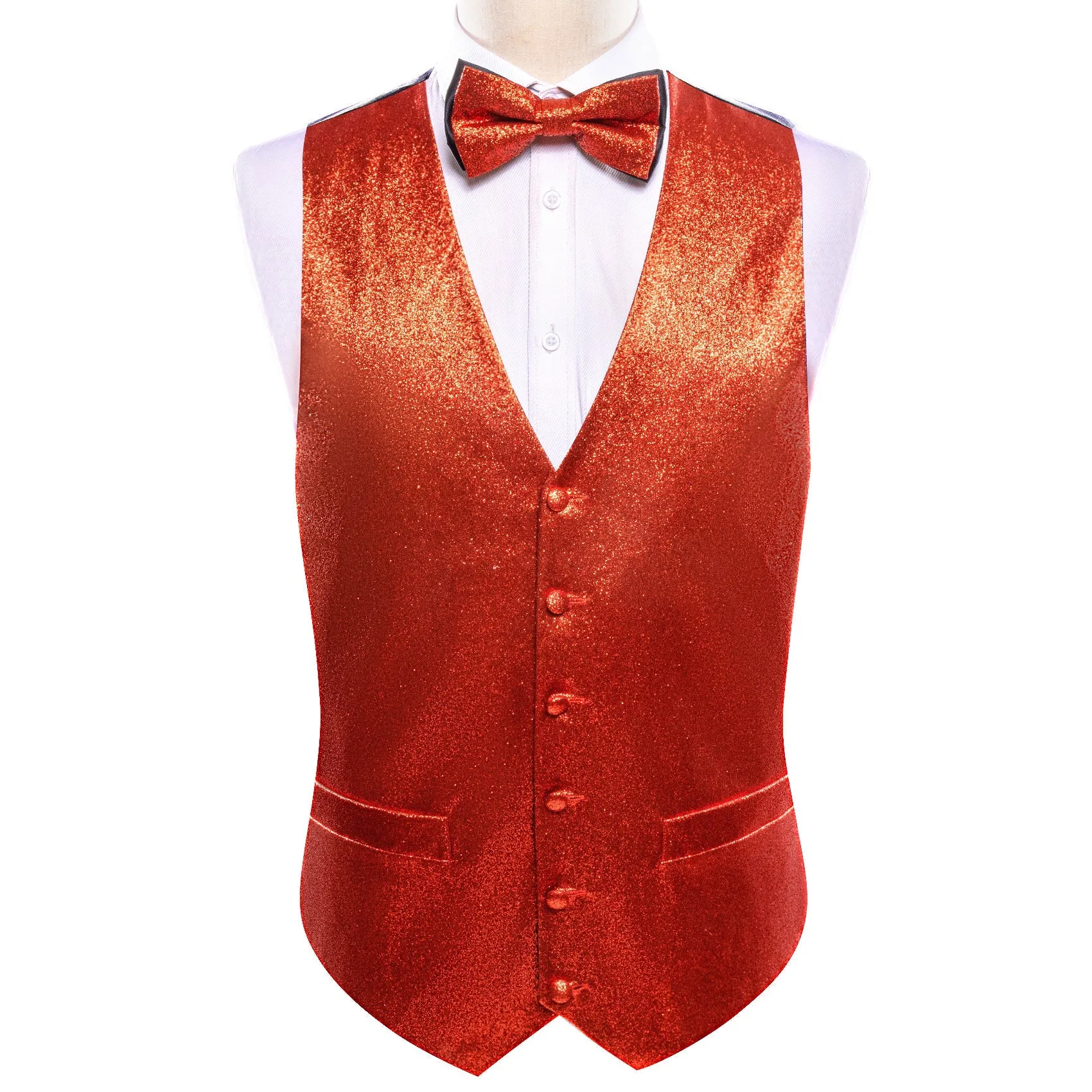 Shining Red Glitter Solid Jacquard Silk Men's Vest Bow Tie Set Waistcoat Suit Set