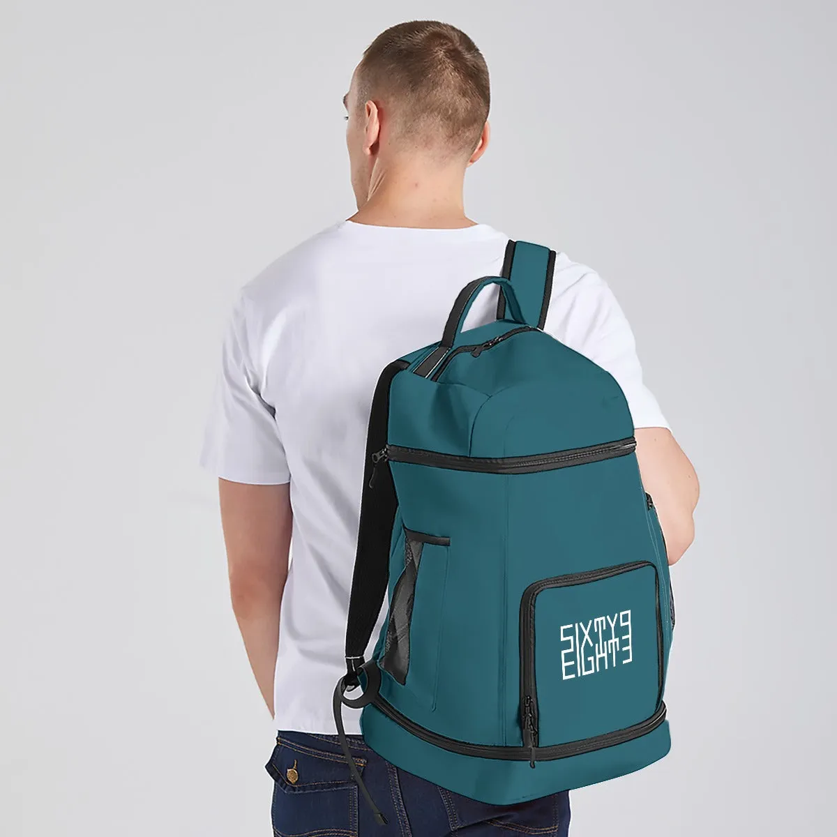 Sixty Eight 93 Logo White Dark Teal Multifunctional Oxford Backpack