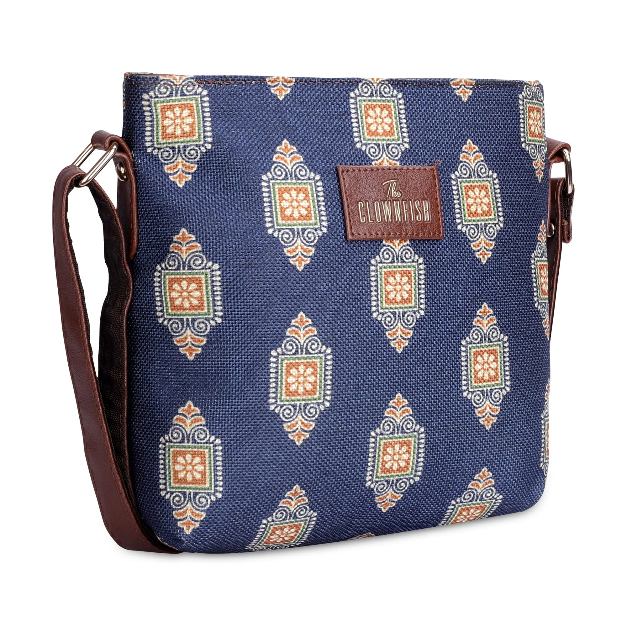 THE CLOWNFISH Aahna Printed Handicraft Fabric Crossbody Sling bag for Women Casual Party Bag Purse with Adjustable Shoulder Strap for Ladies College Girls (Dark Blue)