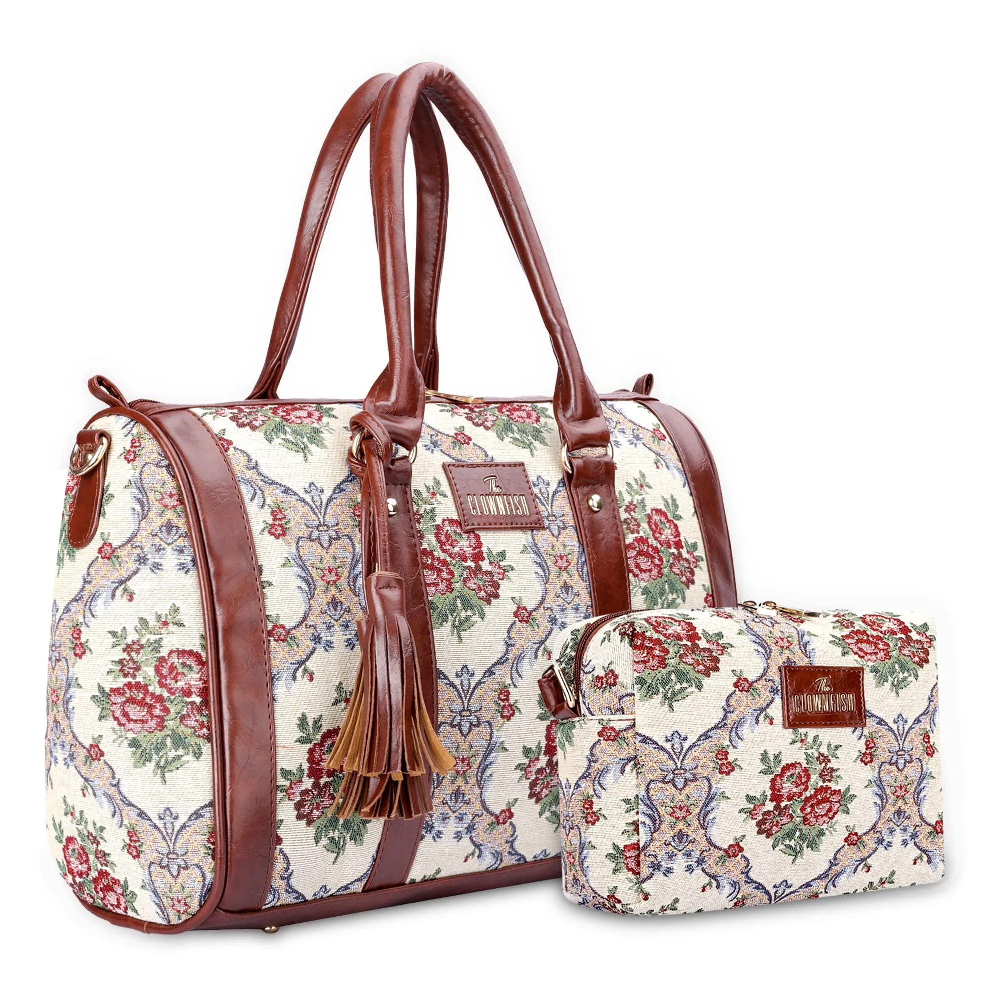 THE CLOWNFISH Combo Of Adelina Series Sling for Women Crossbody Bag for College Girls Lorna Tapestry Fabric & Faux Leather Handbag Sling Bag for Women (White-Floral)