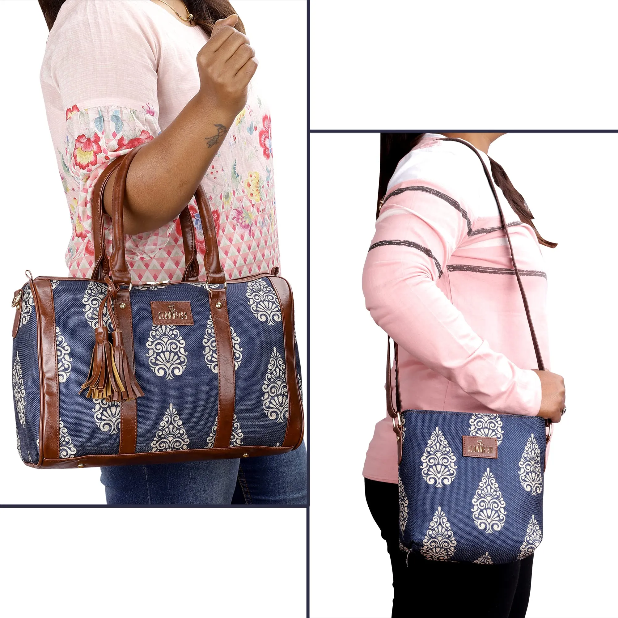 THE CLOWNFISH Combo Of Lorna Printed Handicraft Fabric & Faux Leather Handbag Sling Bag for Women & Aahna Printed Handicraft Fabric Crossbody Sling bag for Women (Navy Blue Design)