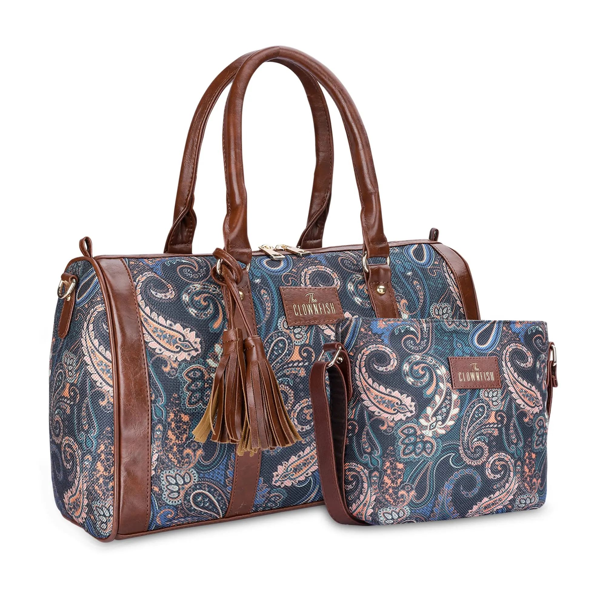 THE CLOWNFISH Combo Of Lorna Printed Handicraft Fabric & Faux Leather Handbag Sling Bag for Women & Aahna Printed Handicraft Fabric Crossbody Sling bag for Women (Peacock Blue-Floral)