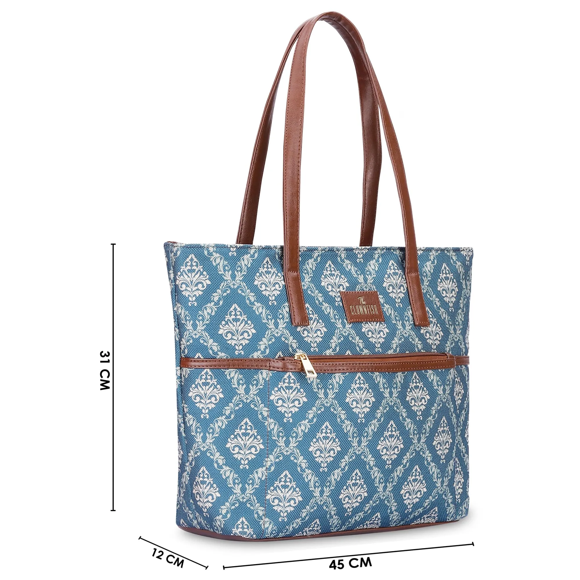 THE CLOWNFISH Concetta Printed Handicraft Fabric & Faux Leather Handbag for Women Office Bag Ladies Shoulder Bag Tote For Women College Girls (Blue)