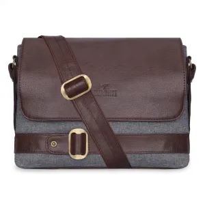 THE CLOWNFISH Eleganza Series Sling for Men & Women Melange Fabric & Faux leather Casual Unisex Single Shoulder Bag Crossbody Bag for College Girls Boys (Grey & Brown)