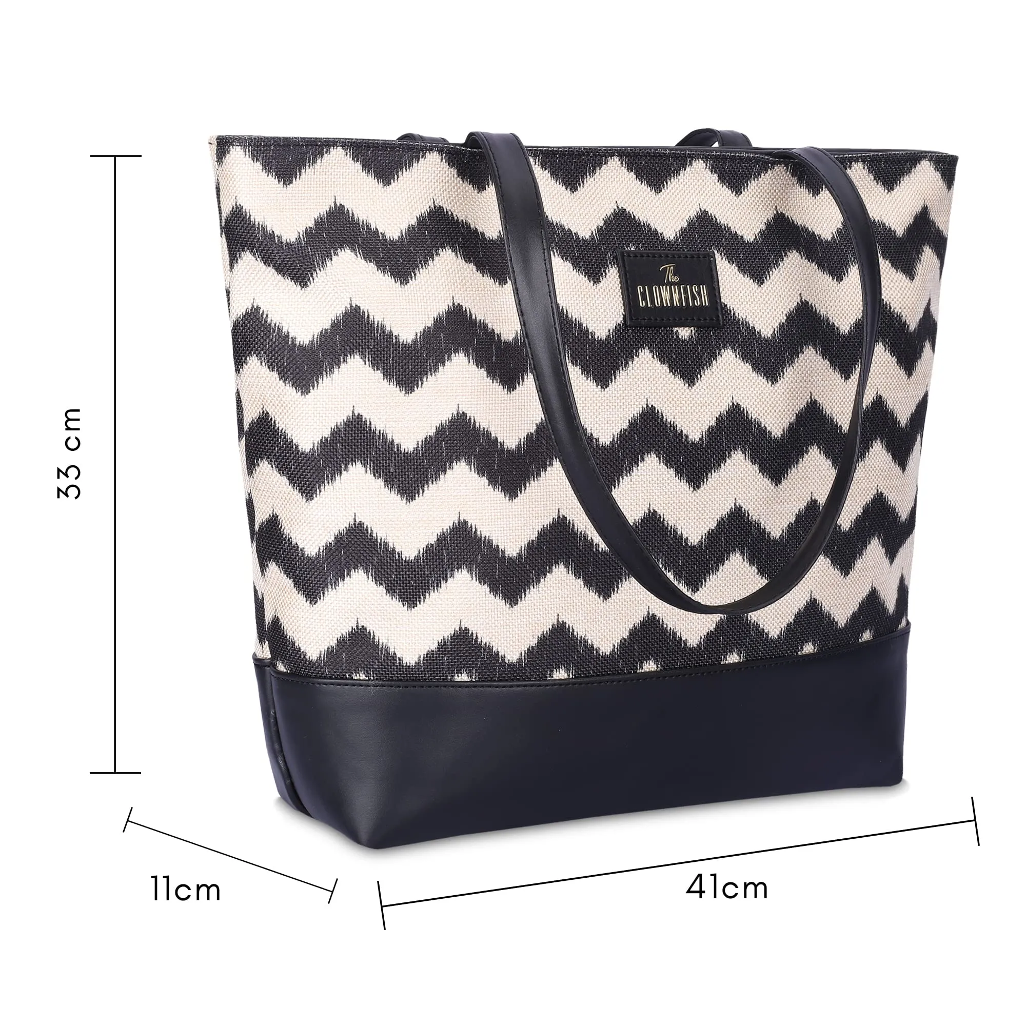 THE CLOWNFISH Empower Series Printed Handicraft Fabric & Faux Leather Handbag for Women Office Bag Ladies Shoulder Bag Tote for Women College Girls (Black-Wave Design)