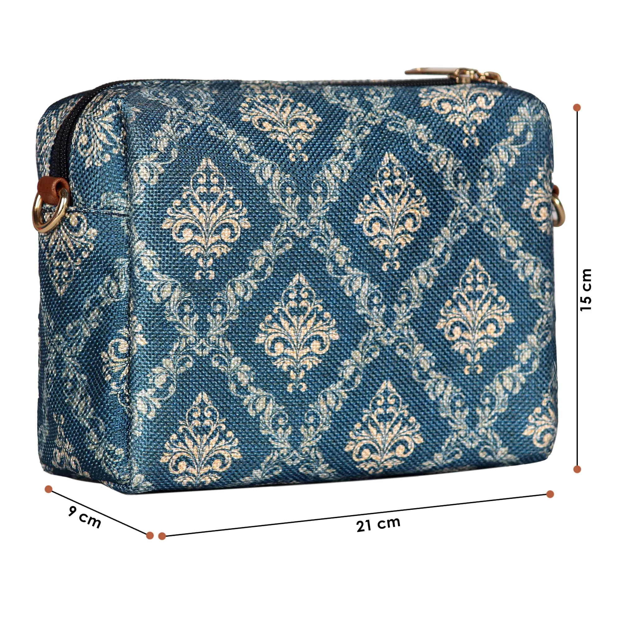 THE CLOWNFISH Isla Printed Handicraft Fabric Crossbody Sling bag for Women Casual Party Bag Purse with Adjustable Shoulder Strap and Printed Design for Ladies College Girls (Blue)