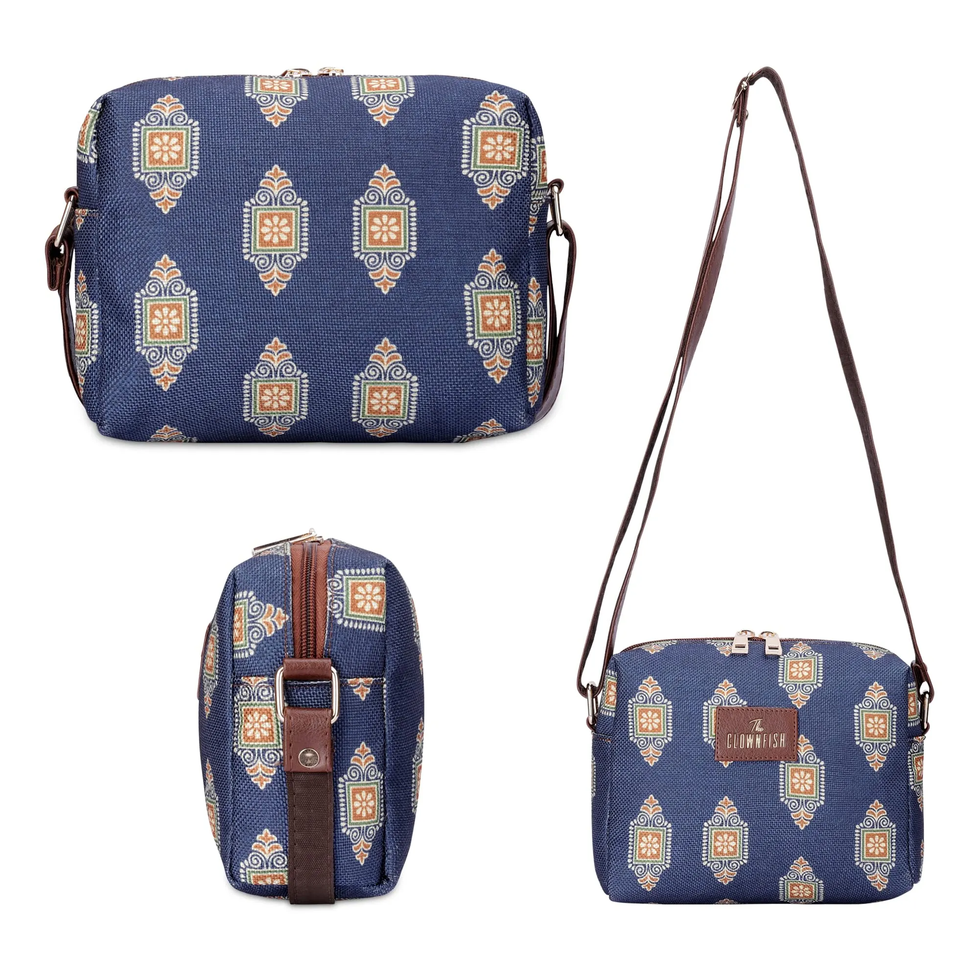 THE CLOWNFISH Isla Printed Handicraft Fabric Crossbody Sling bag for Women Casual Party Bag Purse with Adjustable Shoulder Strap for Ladies College Girls (Dark Blue)