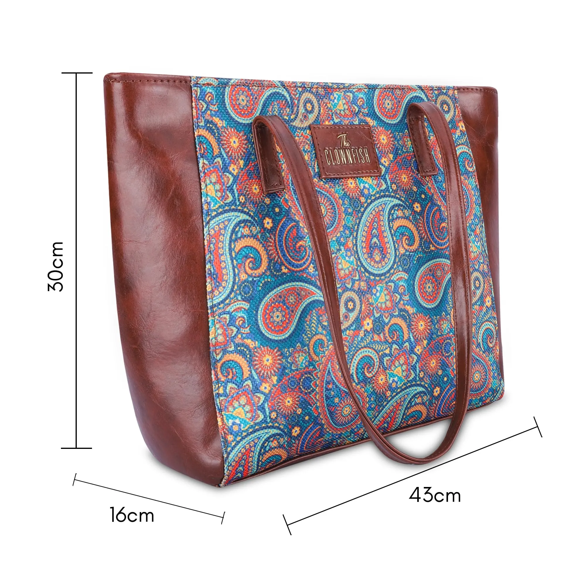 THE CLOWNFISH Valentine Printed Handicraft Fabric & Faux Leather Handbag for Women Office Bag Ladies Shoulder Bag Tote for Women College Girls (Sapphire Blue-Paisley Print)