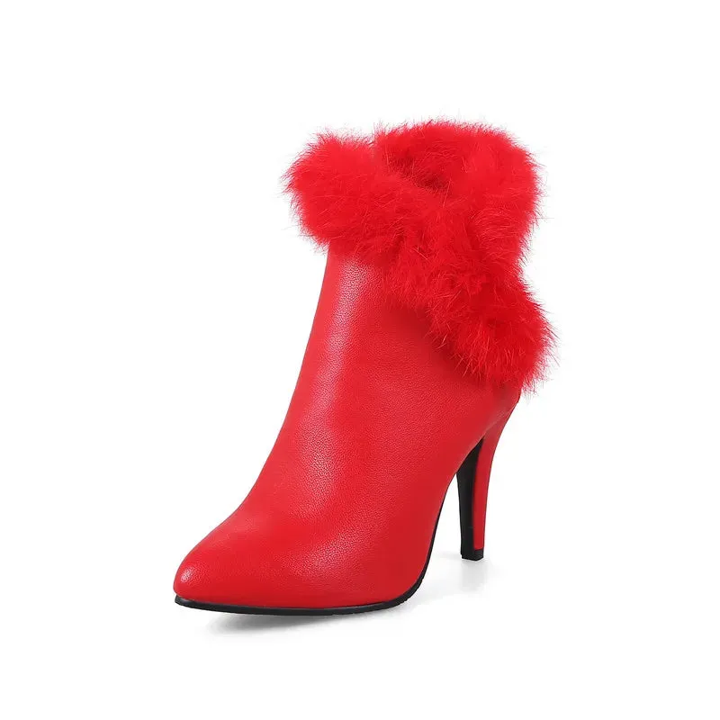 Thin High Heel Ankle Boots Ladies Faux Fur Fringe Fashion Party Wedding Shoes