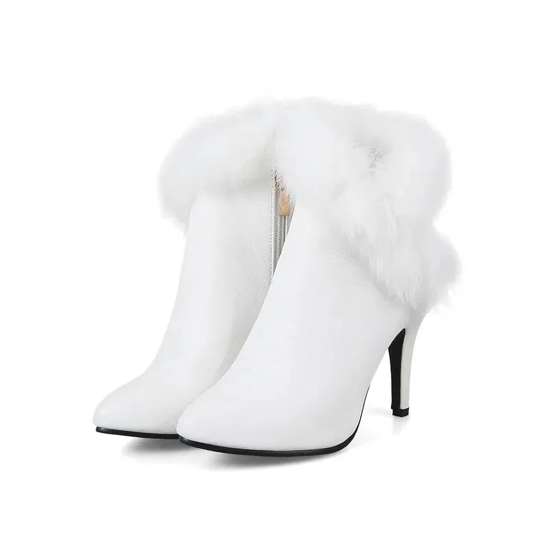 Thin High Heel Ankle Boots Ladies Faux Fur Fringe Fashion Party Wedding Shoes