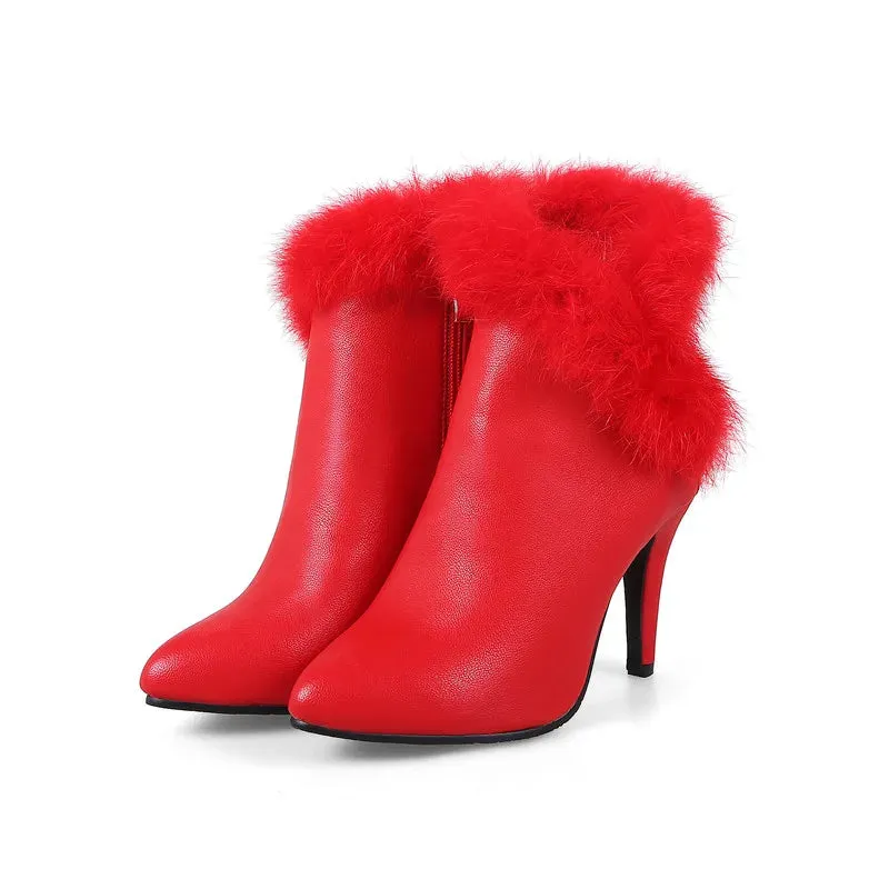 Thin High Heel Ankle Boots Ladies Faux Fur Fringe Fashion Party Wedding Shoes