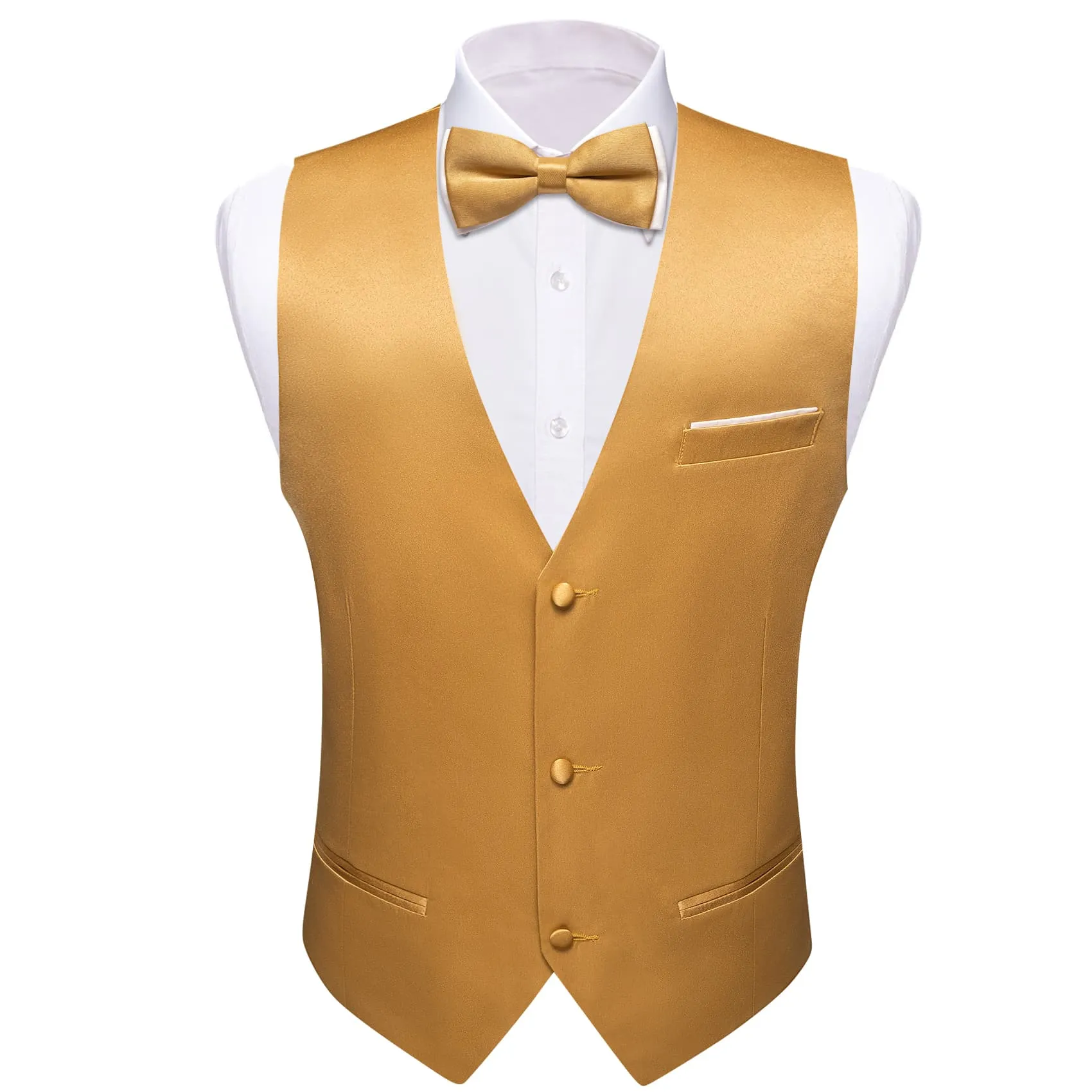 Ties2you Dress Vest Lion Gold Solid V-Neck Waistcoat Mens Button Vest Bow Tie Set