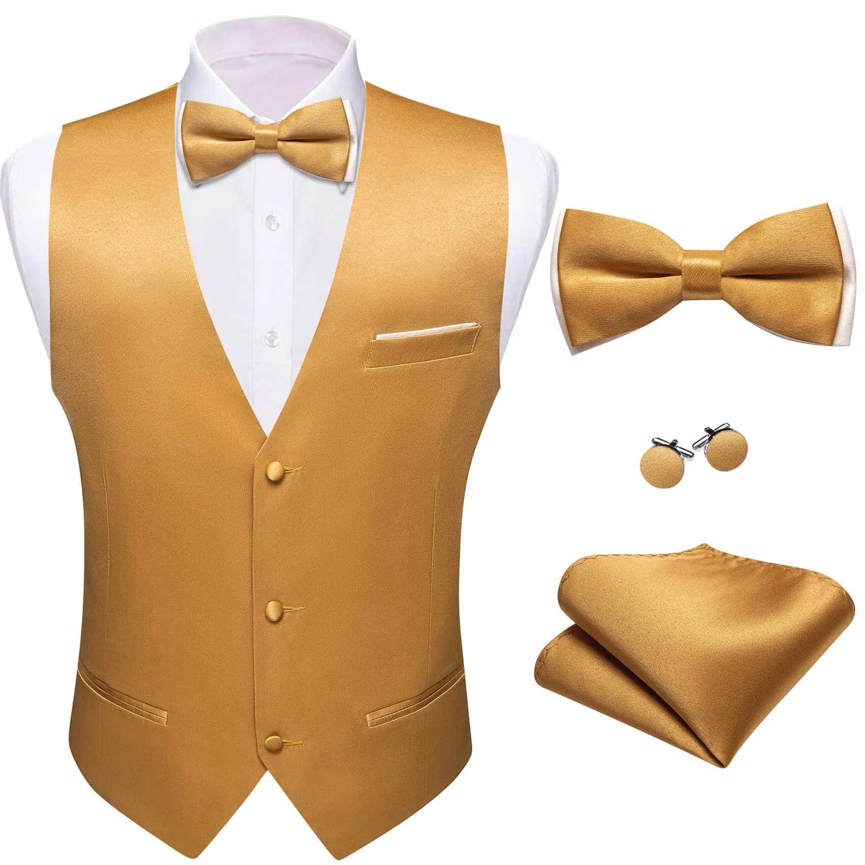 Ties2you Dress Vest Lion Gold Solid V-Neck Waistcoat Mens Button Vest Bow Tie Set