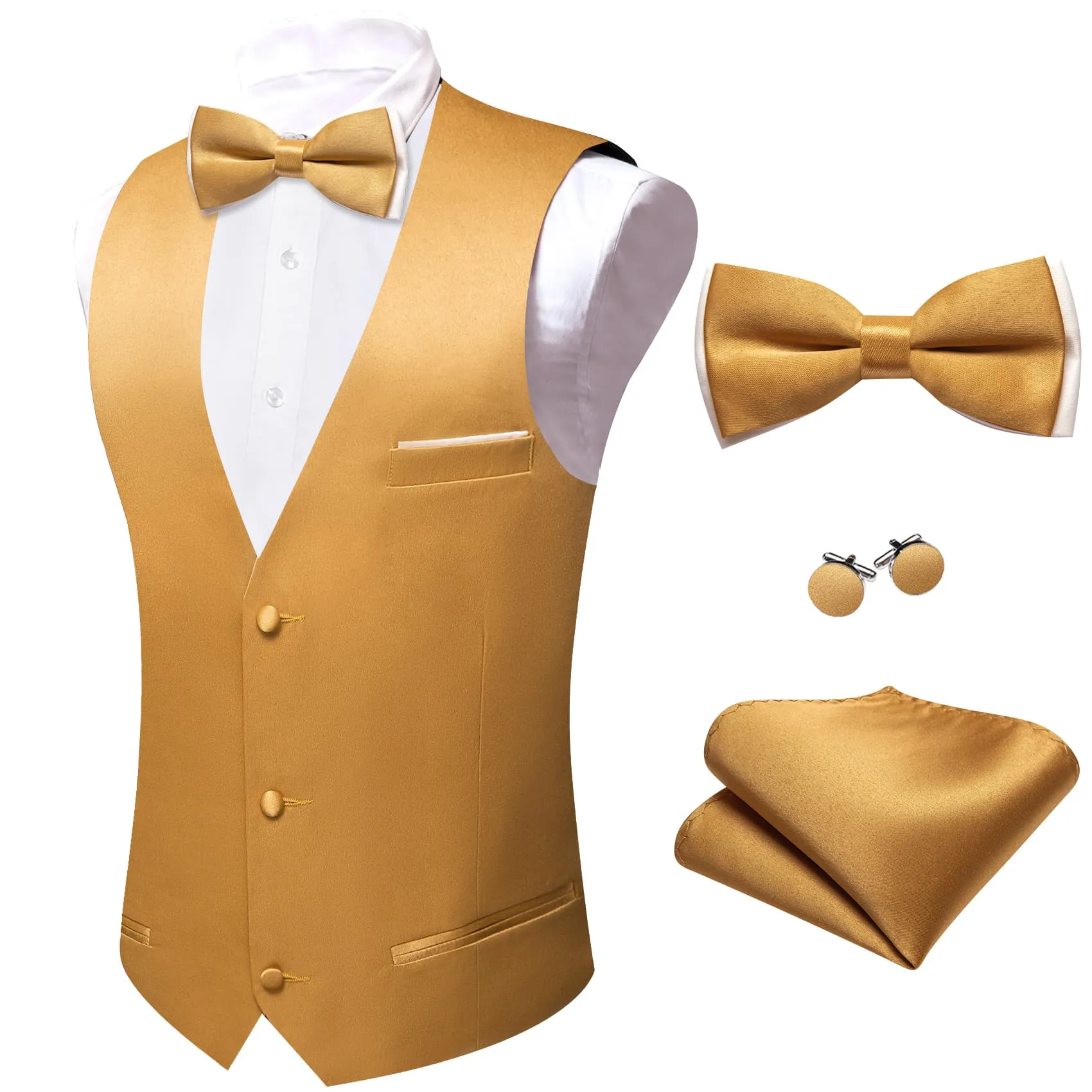 Ties2you Dress Vest Lion Gold Solid V-Neck Waistcoat Mens Button Vest Bow Tie Set