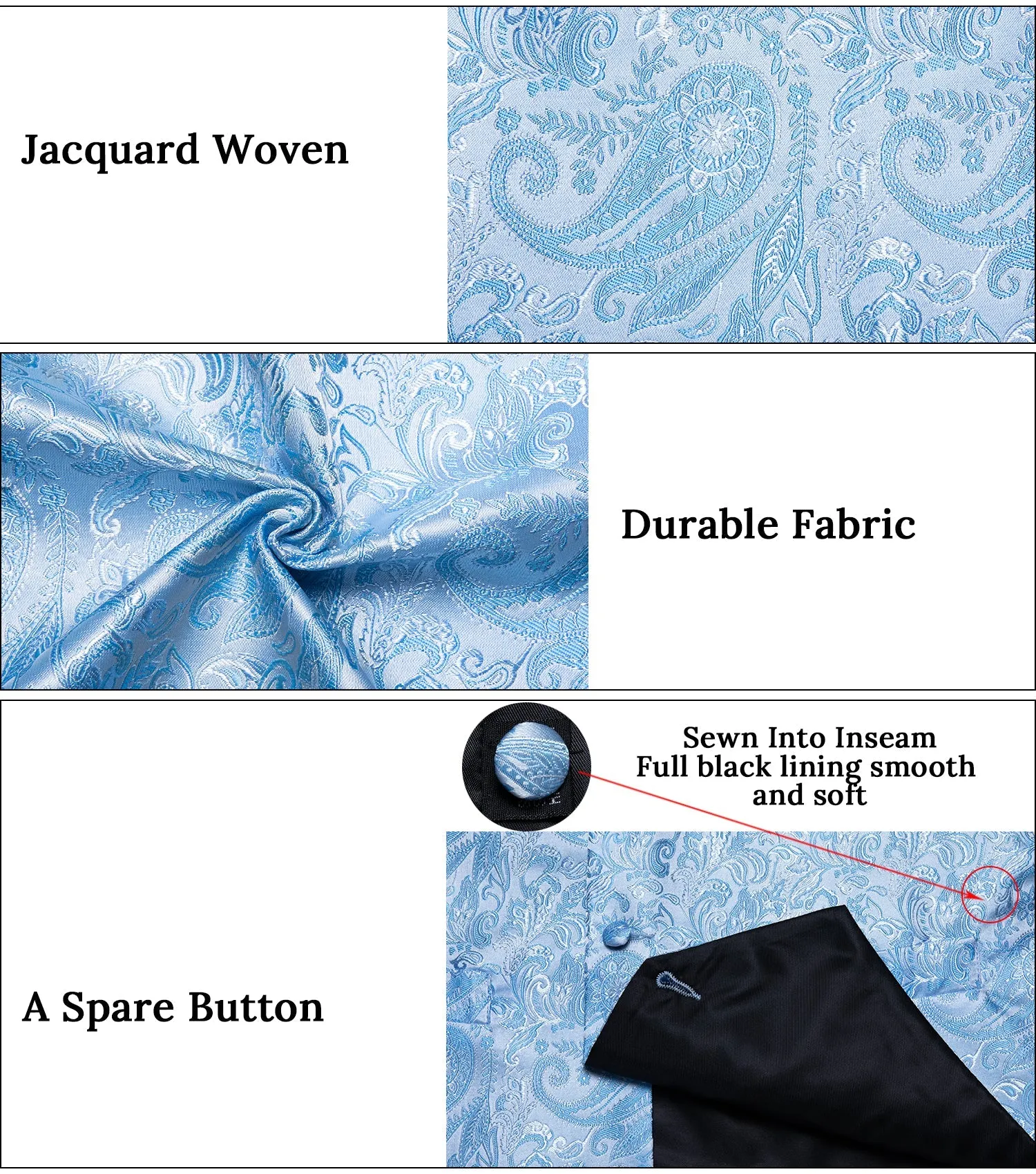 Ties2you Mens Casual Vest Light Blue Paisley Jacquard Silk Vest Bow Tie Handkerchief Cufflinks Set