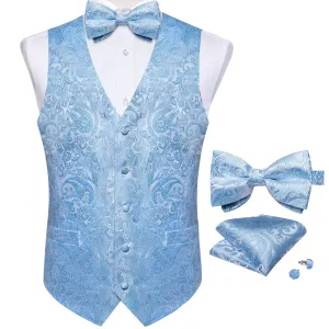 Ties2you Mens Casual Vest Light Blue Paisley Jacquard Silk Vest Bow Tie Handkerchief Cufflinks Set