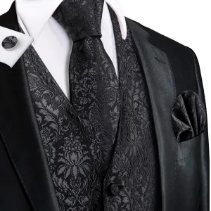 Ties2you Men's Vest Coal Black Jacquard Floral Silk Vest Necktie Set