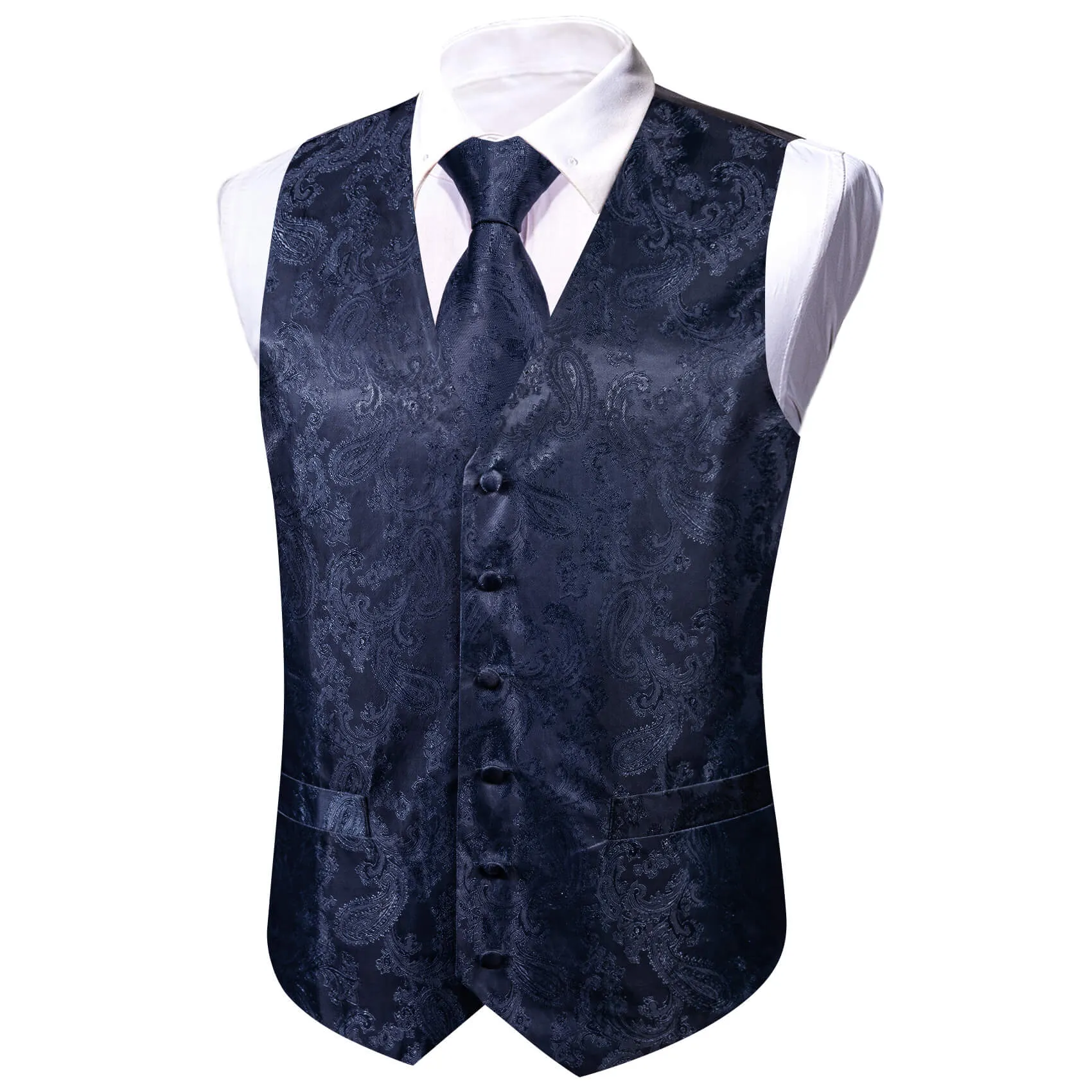 Ties2you Men's Vest Denim Blue Woven Paisley Vest Tie Bow Tie Set 5PC