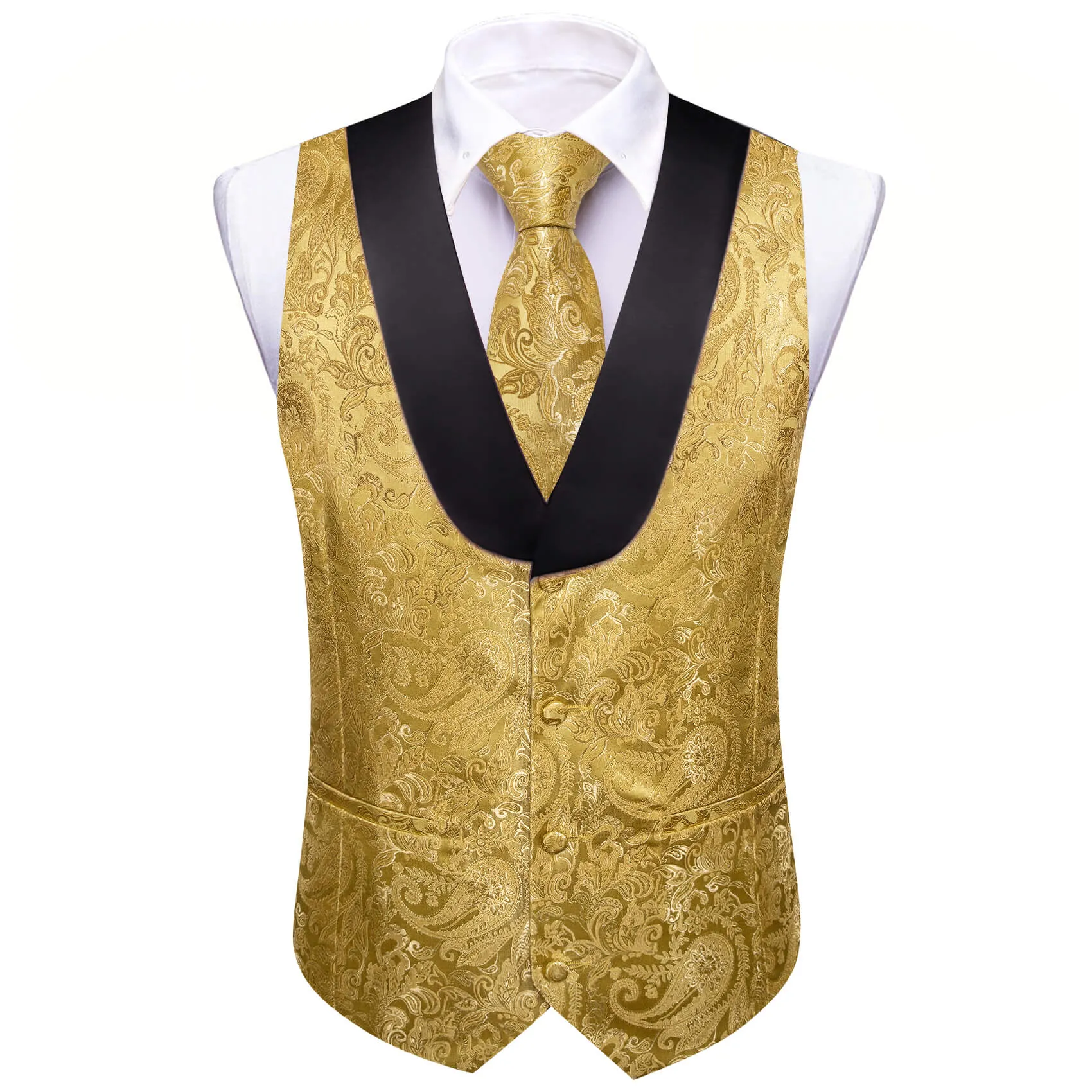 Ties2you Men's Vest Gold Yellow Paisley Silk Shawl Collar Vest Tie Set