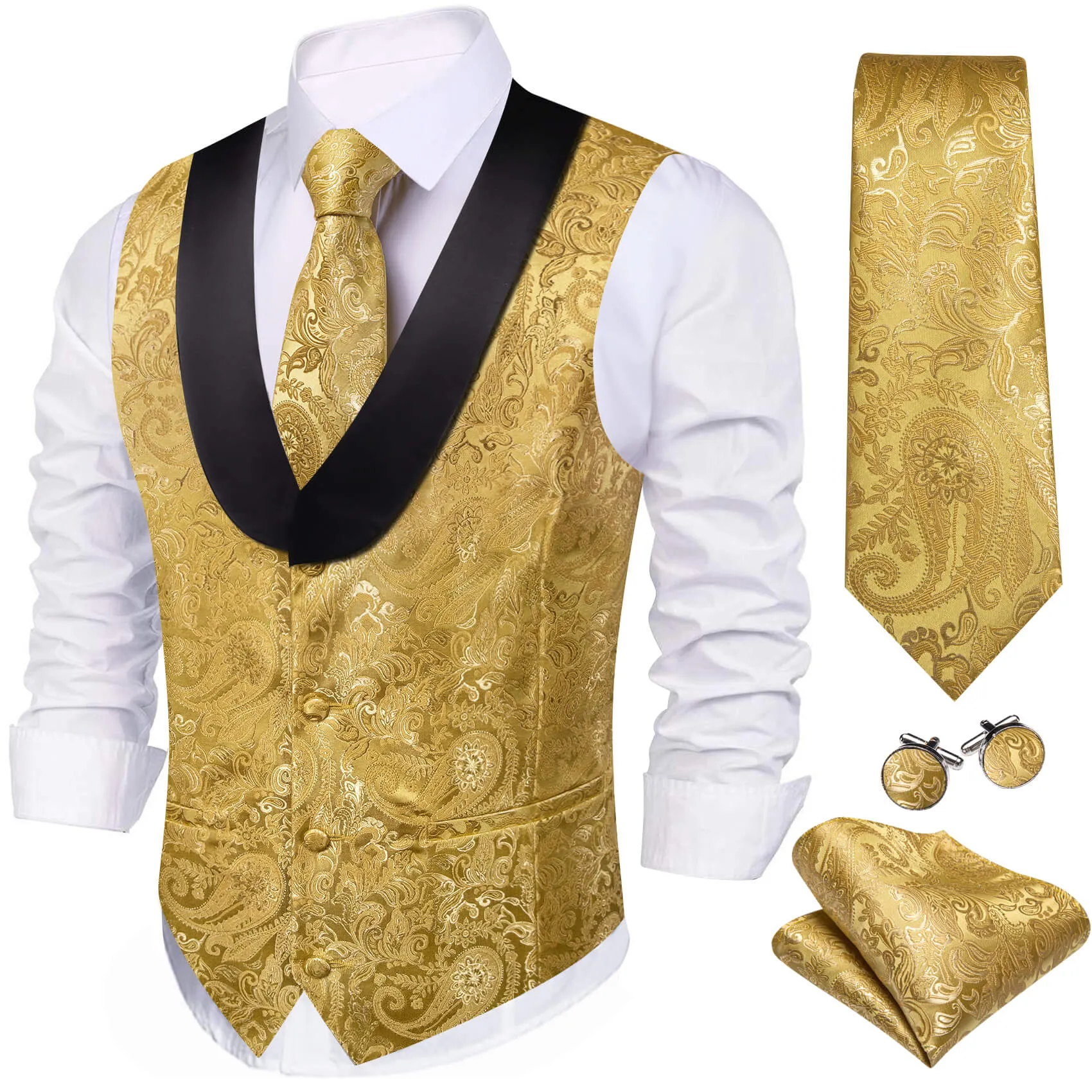 Ties2you Men's Vest Gold Yellow Paisley Silk Shawl Collar Vest Tie Set