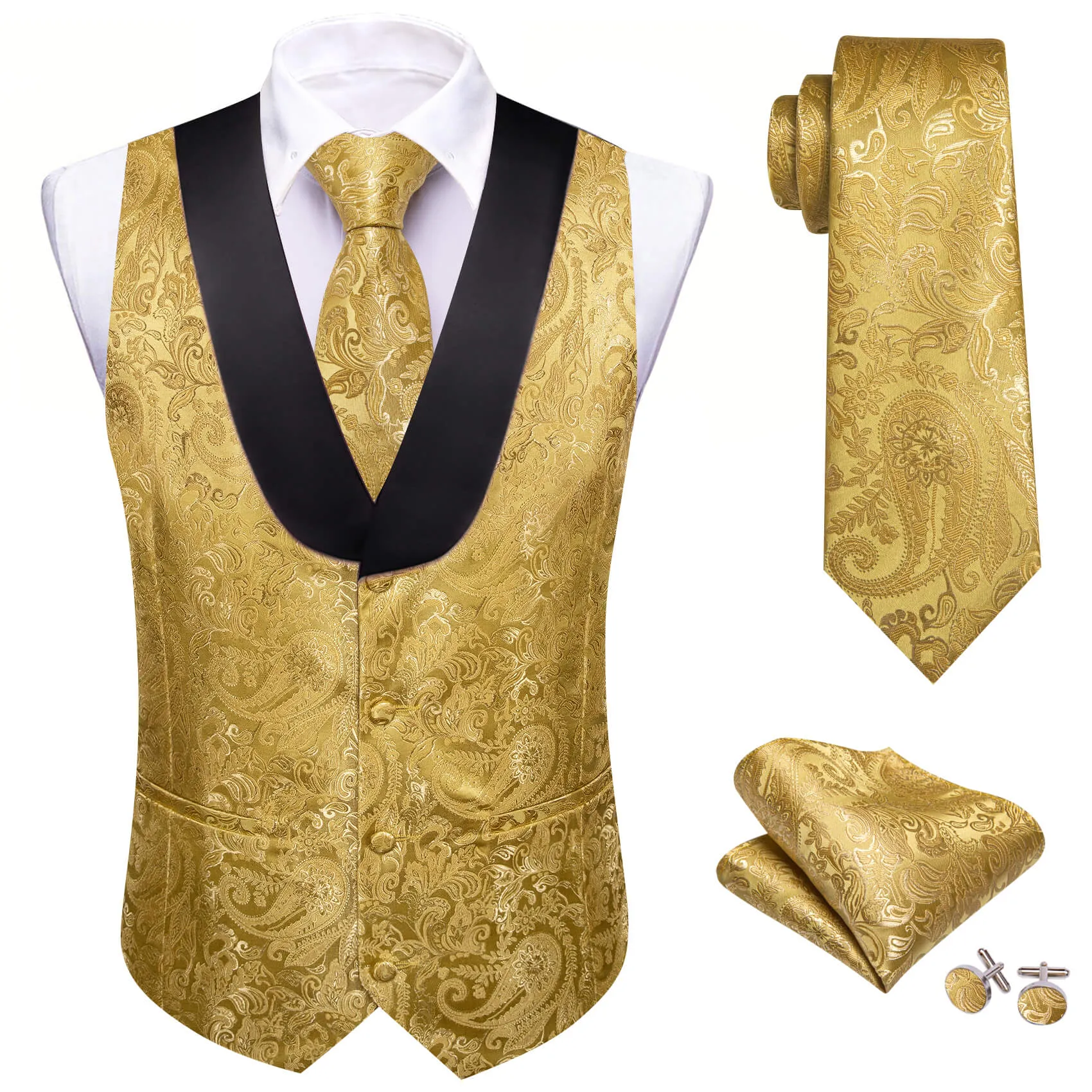 Ties2you Men's Vest Gold Yellow Paisley Silk Shawl Collar Vest Tie Set