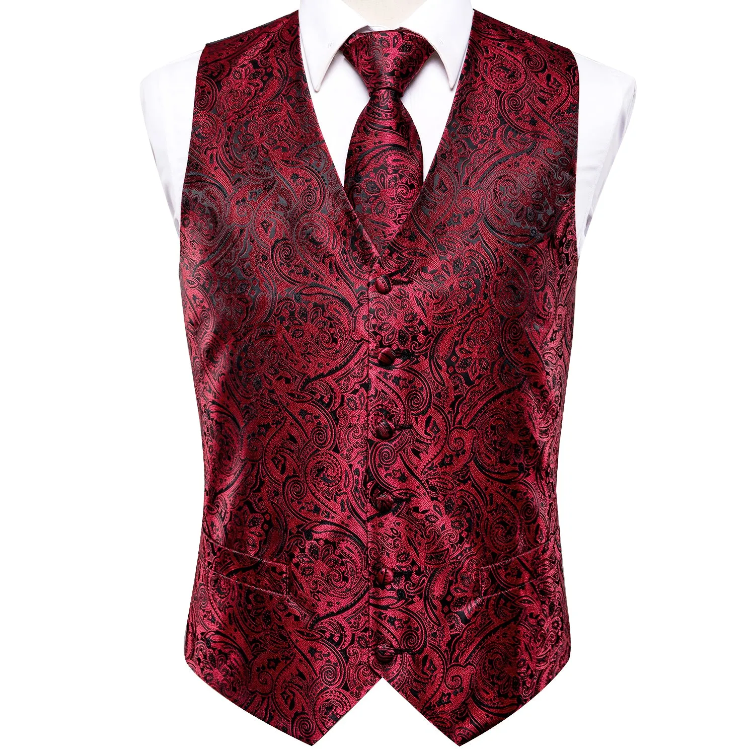 Ties2you Men's Vest Red Black Paisley Jacquard Silk Vest Hanky Cufflinks Tie Set